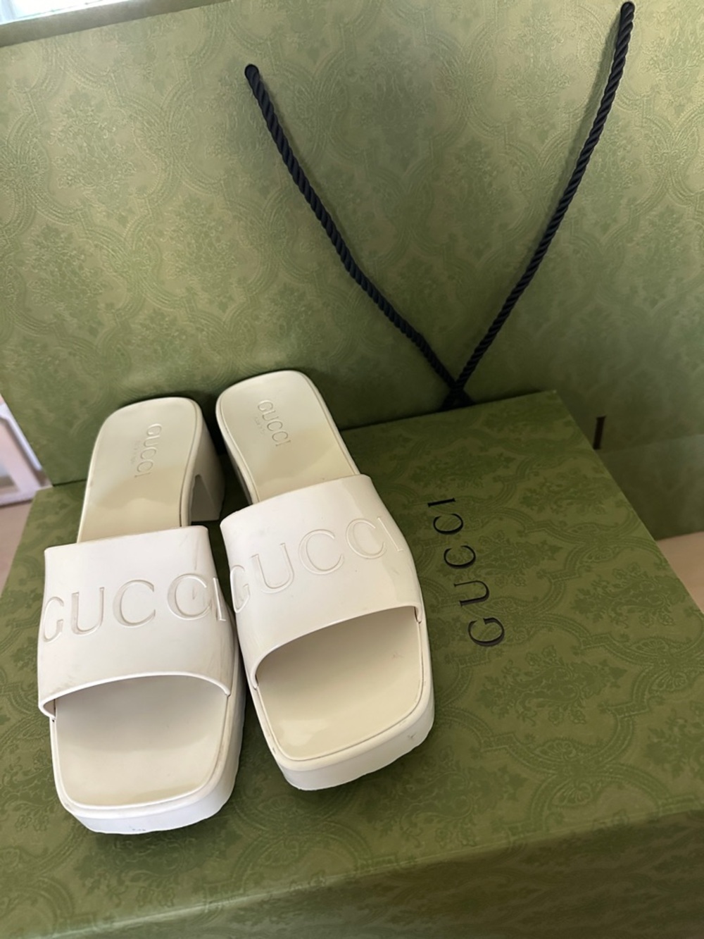 Gucci White Embossed Logo Slide Mules - Picture 5 of 10